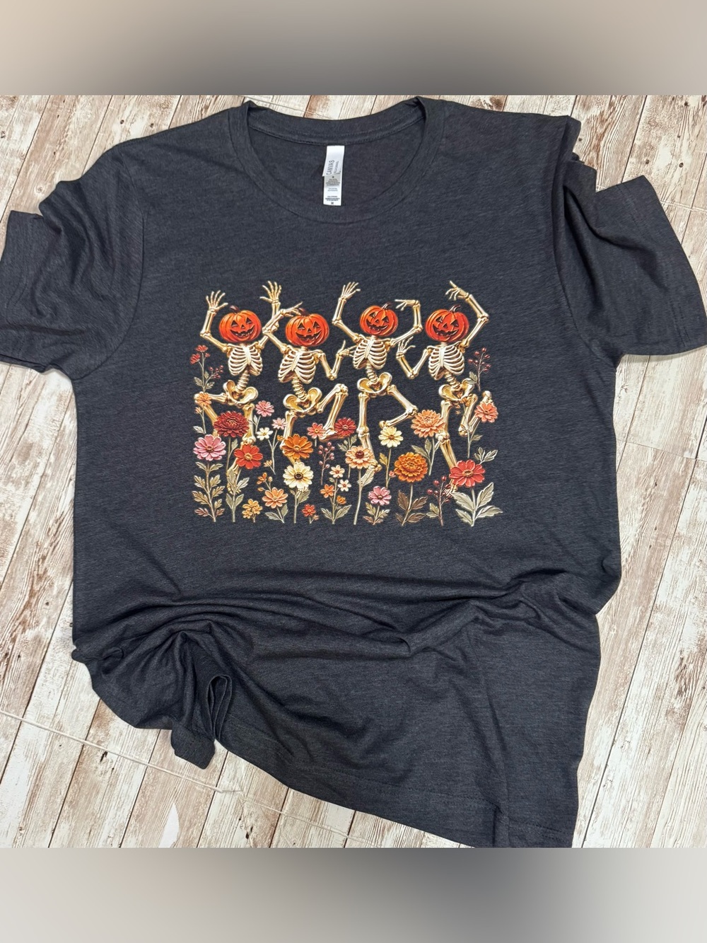 Charcoal Heather Gray Pumpkin Head Dancing Skeletons Medium